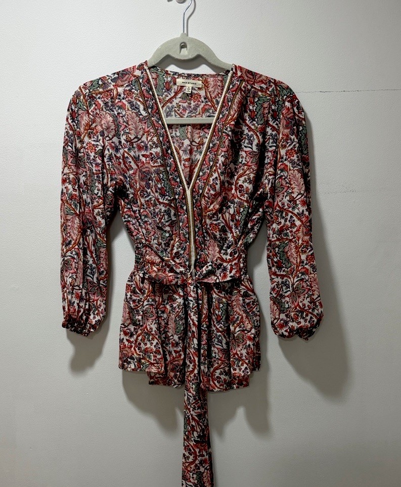 MAX STUDIO Wrap Blouse Tie Waist Multicolor Floral Print SzSmall Spring Paisley