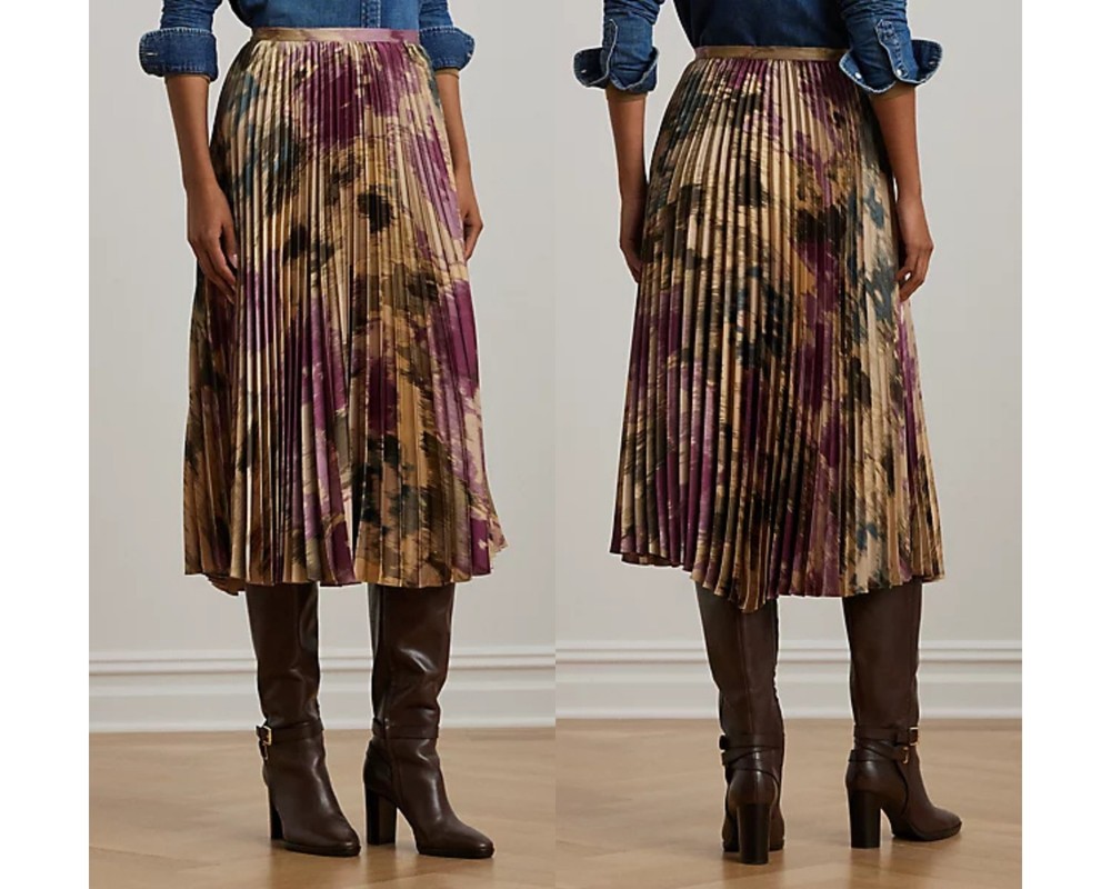 Lauren Ralph Lauren Floral Pleated Satin Charmeuse Midi Skirt Sz 14 Luxury Coast