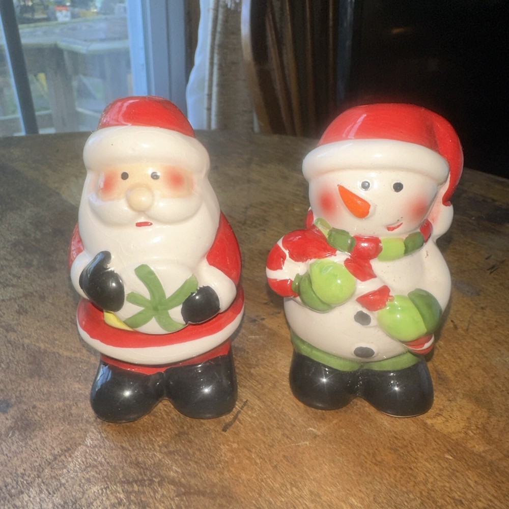 Vintage Christmas Salt Pepper Shakers Santa Claus and Snowman Set Ceramic 4