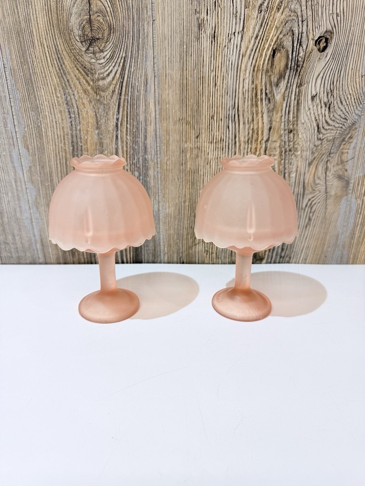2 Vintage Frosted Pink Glass Fairy Lamps Tea Candle Holder Made In Taiwan