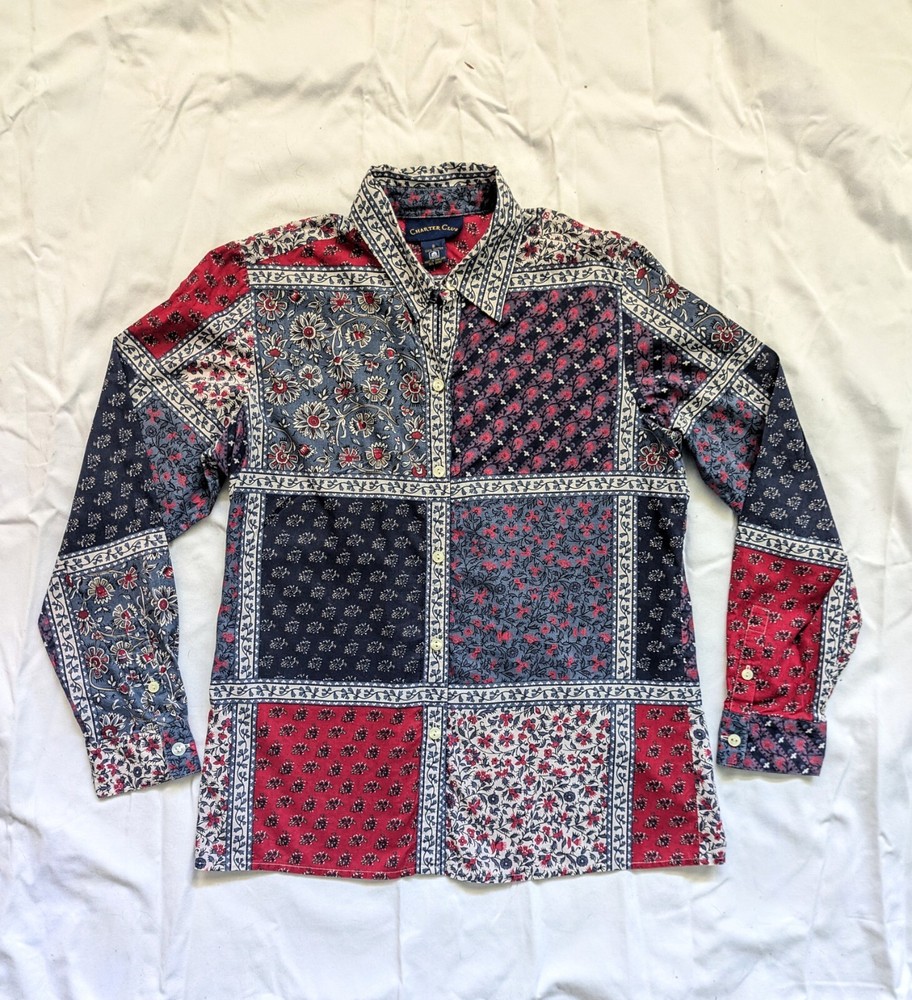 Women's Charter Club Button-up Patchwork Blouse Bandana Pattern Style