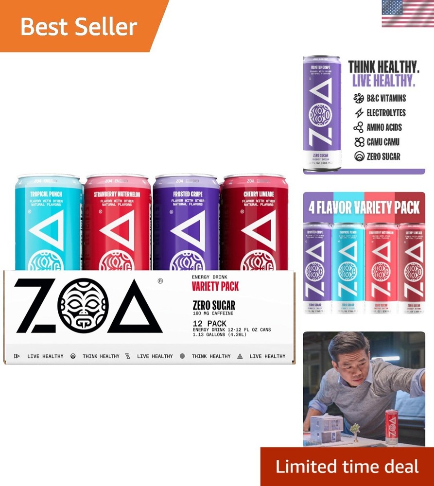 Zero Sugar Energy Drinks Variety Pack – 100% Daily Vitamin C, 12 Fl Oz (12-Pack)