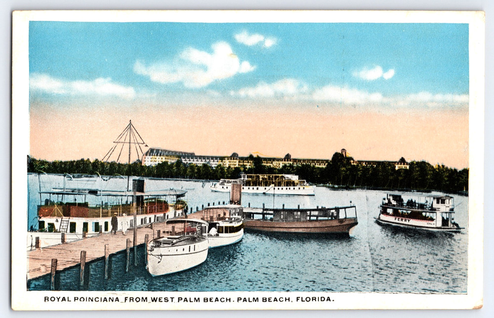 Palm Beach Florida FL Royal Poinciana Boats Water Vintage Postcard