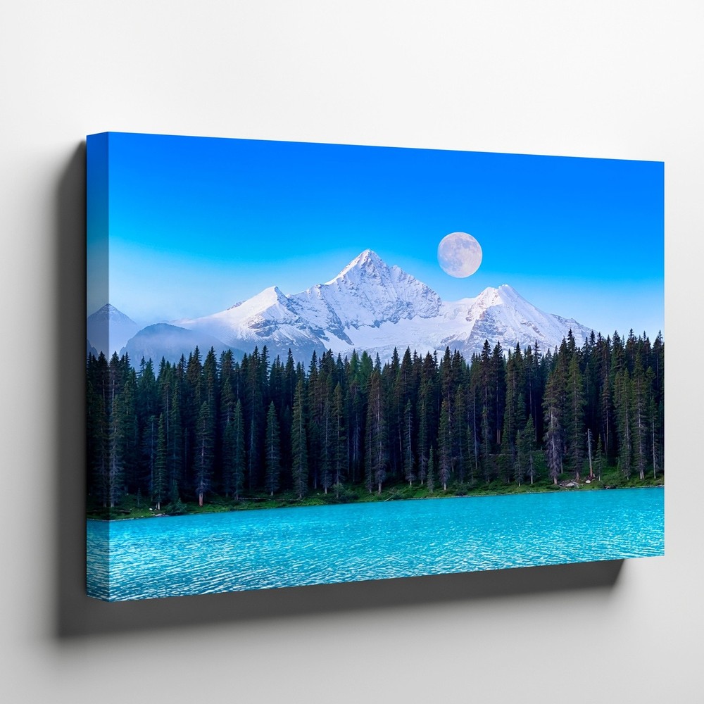 Mountain landscape canvas wall art with full moon pine trees and lake print