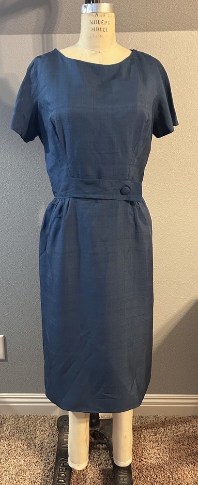 Vintage 60s Blue  Slubby Fabric Light Weight Dress Party Cocktail Mad Men M-L