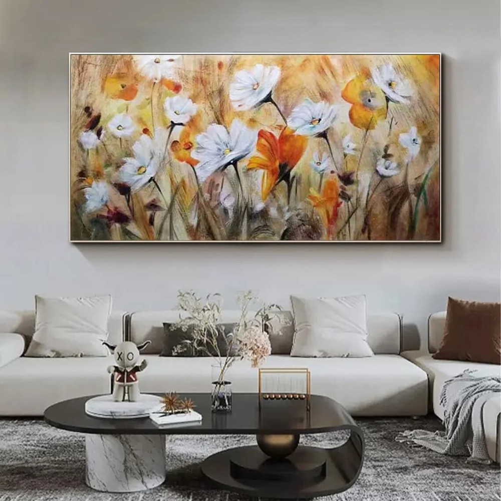 Abstract Orange White Floral Canvas Wall Art Painting Mural Decor  -image