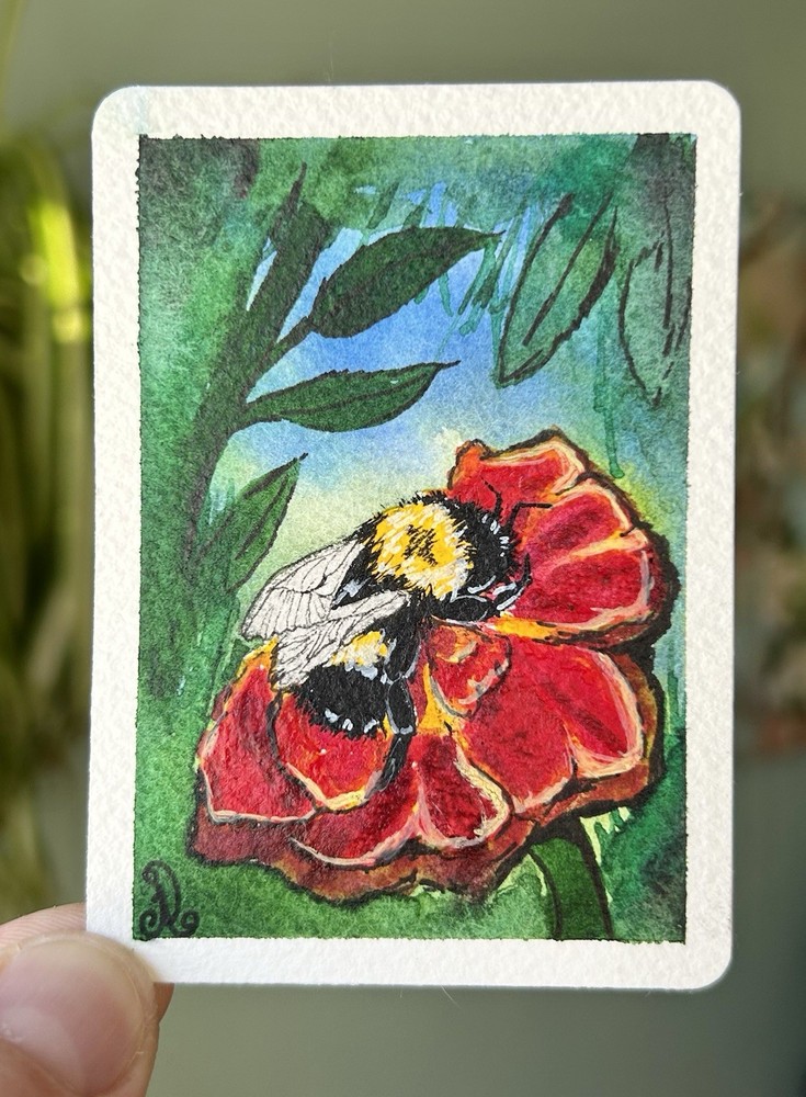 Bee And Flower-Original Watercolor ACEO Painting 2.5x3.5 ATC By Jenny Aleksi