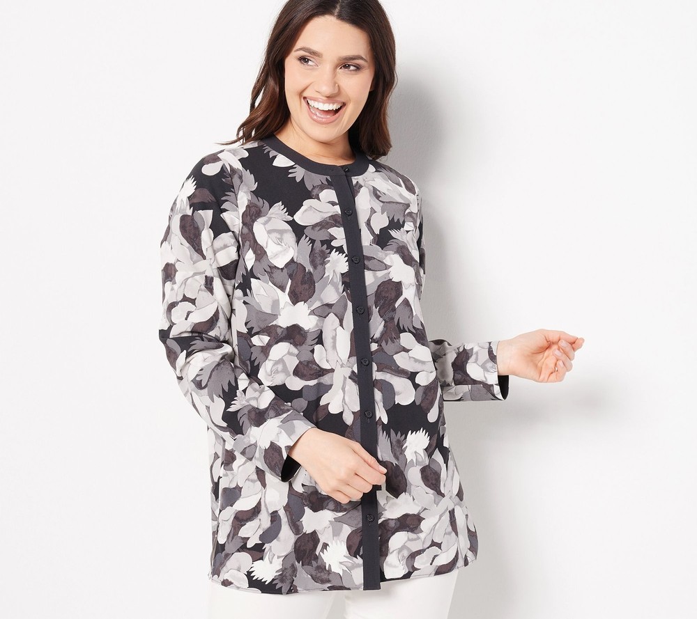 Isaac Mizrahi Live! Women's Top Sz 6 Printed Crepe Blouse with Gray A475368
