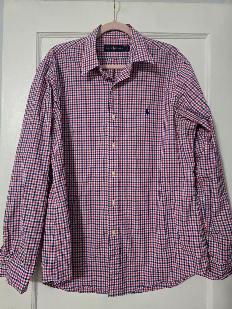Polo Ralph Lauren Men L Shirt White Red Blue Plaid Cotton Button Up