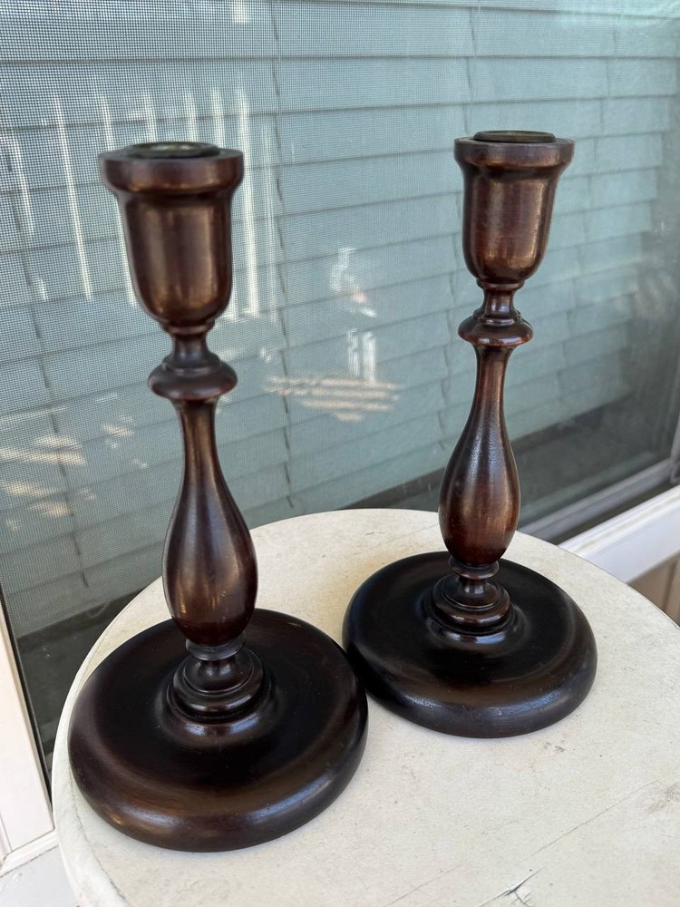 Vintage Wooden Candlesticks Pair Dark Wood Turned Candle Holders 9.5