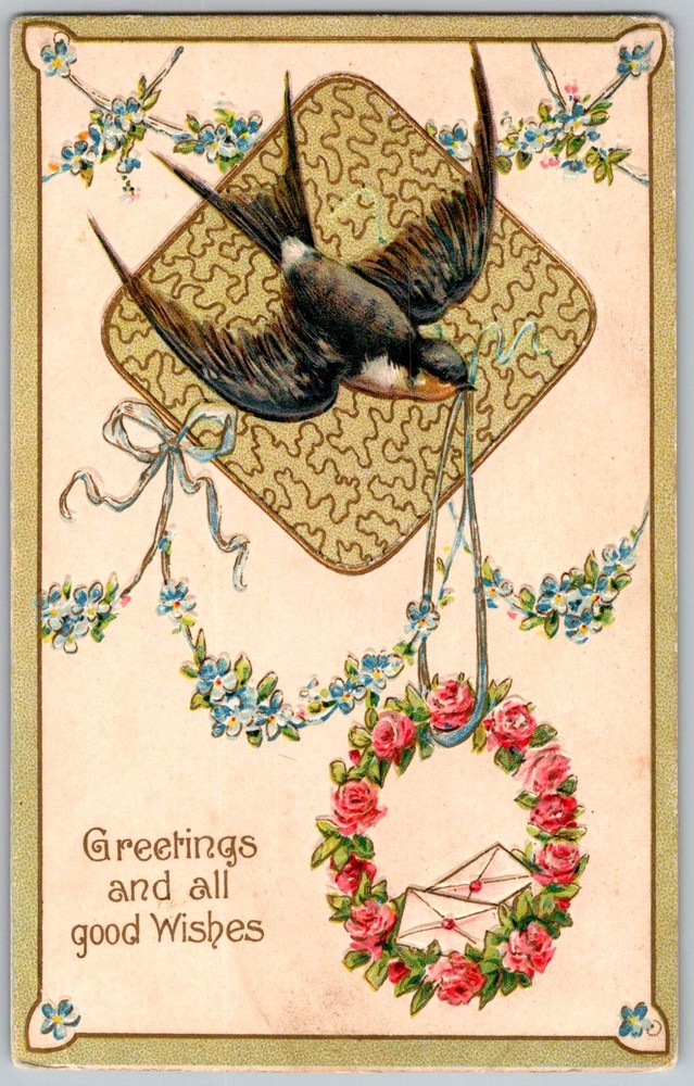 Antique Postcard Swallow Carrying Rose Wreath Omaha, NE 1910s