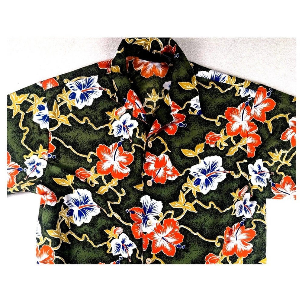 Vintage ODO Men's Hawaiian Green Orange Floral Button-Up Shirt Size Large Party