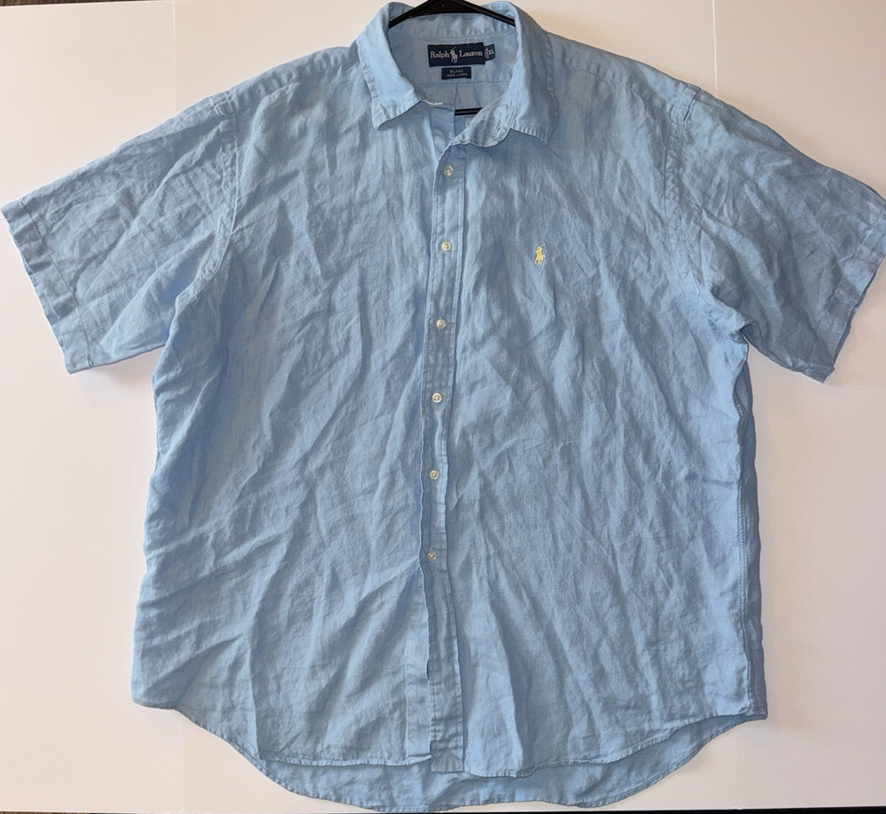 Men’s XL Ralph Lauren Blake Linen Blue Short Sleeve Button-Up Shirt