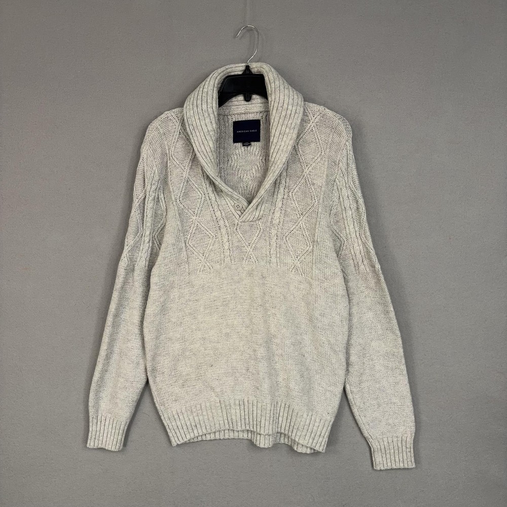 American Eagle Sweater Mens Large Gray Shawl Cable Knit Preppy Academia Grandpa