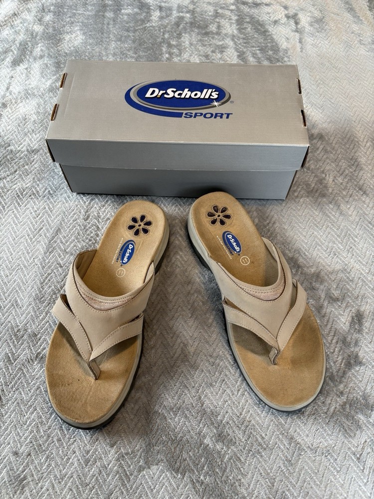 Dr Scholls Womens Size 11 Comfortable Tan Slip On Sandals Gel Pac Insoles
