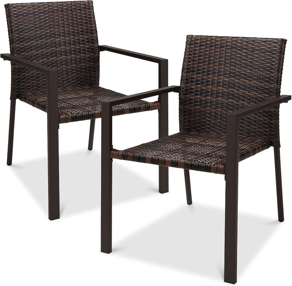 2 Pcs Outdoor Wicker Dining Chair w/ Armrests All-Weather Stackable Deck Brown
