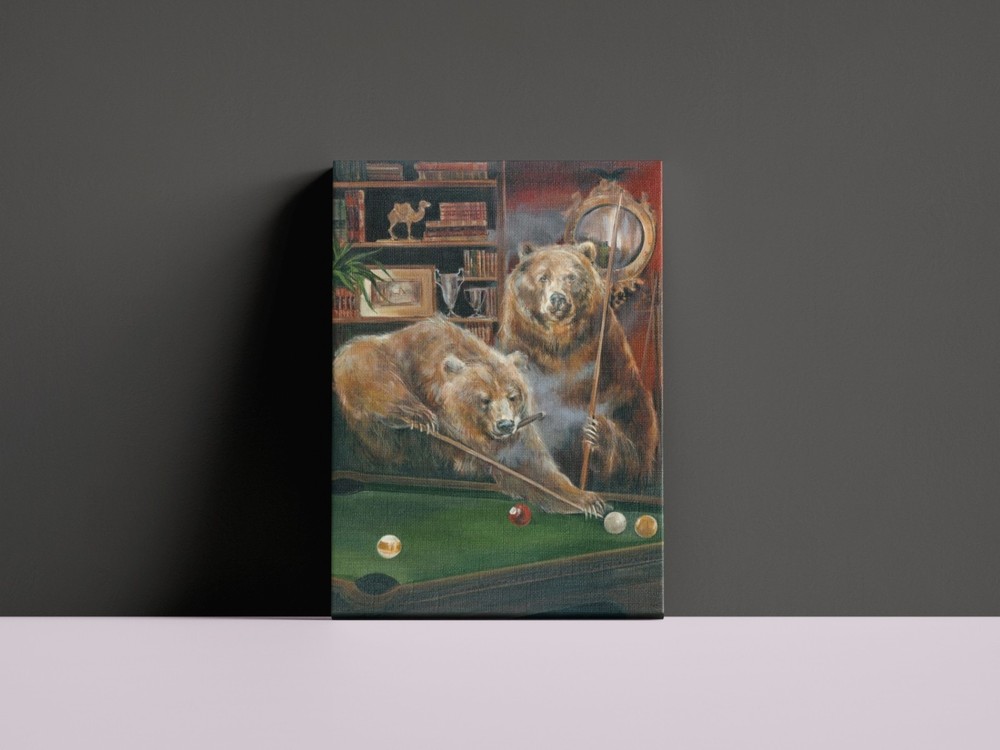 Grizzly Bears Playing Pool Canvas Wall Art Game Room Print Cabin Decor Poster