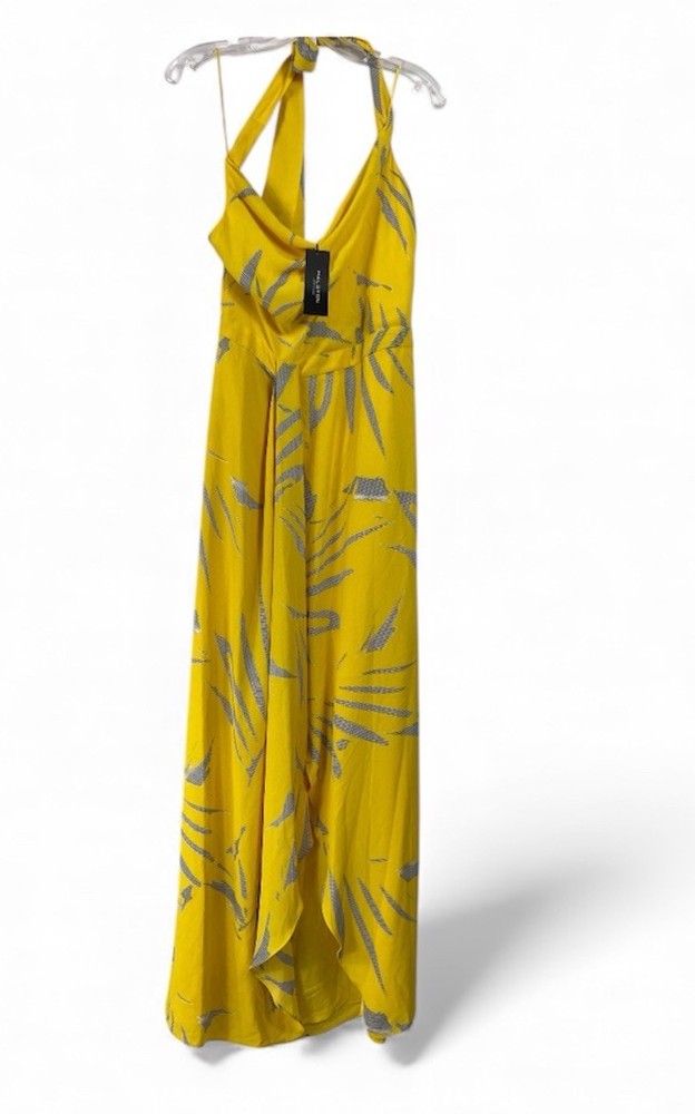 NWT Halston Heritage Womens Halter  Neck Gown Canary Abstract Palm Dress Size 12-image