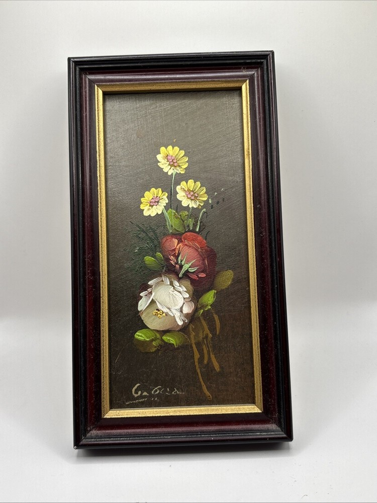Vintage Framed Floral Oil Painting Still Life Signed Wall Art Decor Wood Frame