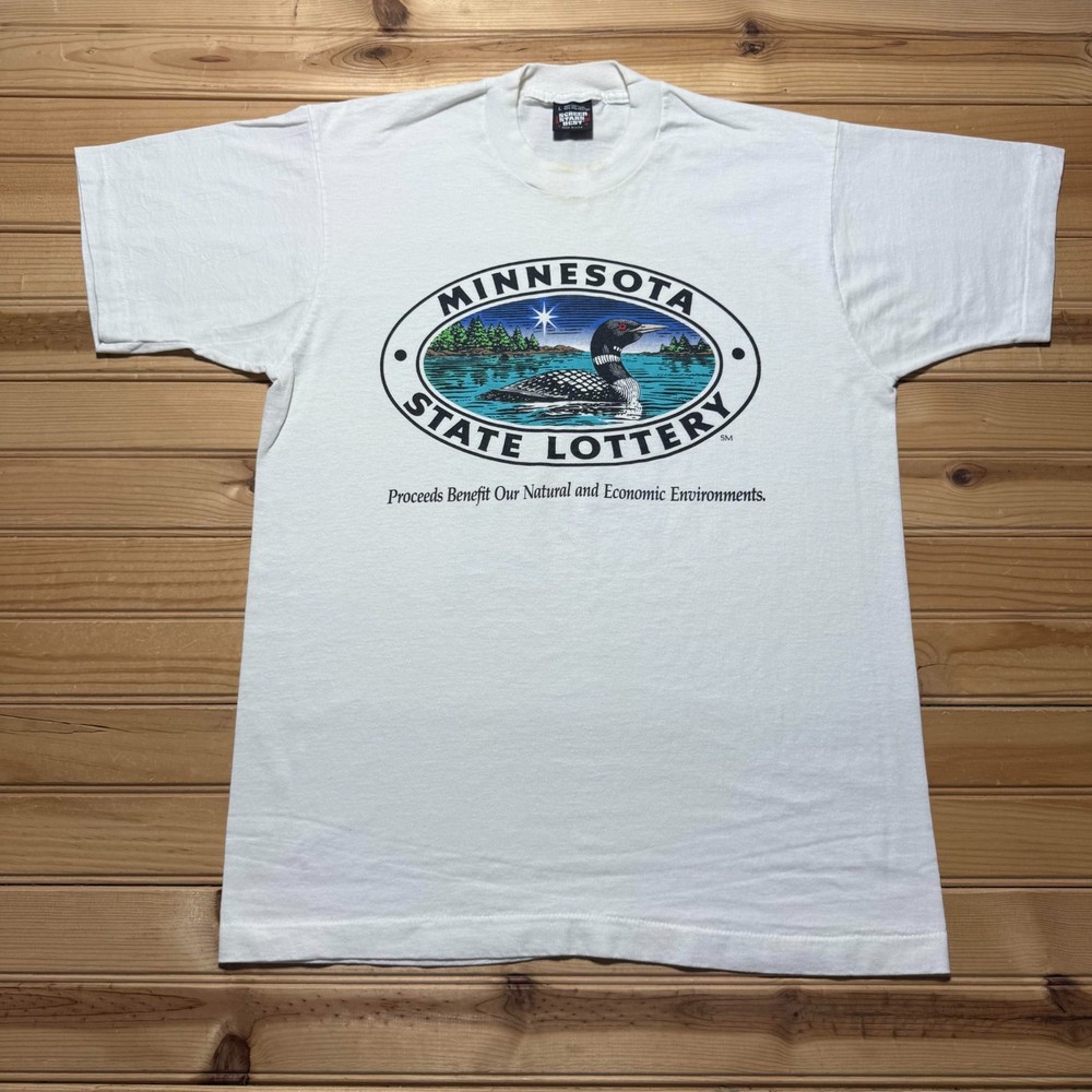 Vintage 90s Minnesota State Lottery Loon Bird Nature Graphic T-Shirt USA - Large