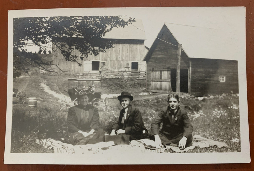 1 Woman and 2 Men Picnic Scene at a Farm Real Photo RPPC Postcard c1900s