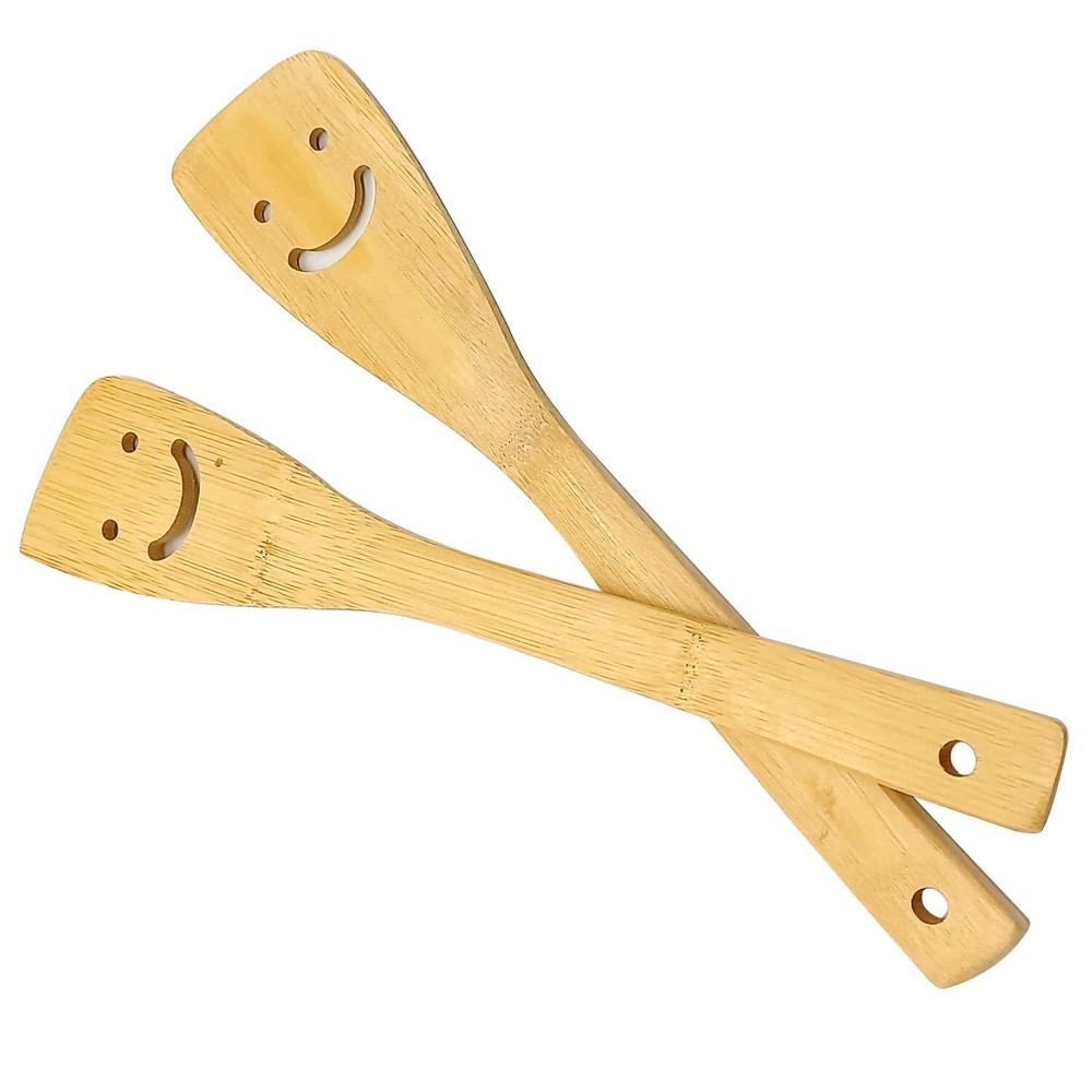 2-Piece 12-Inch Bamboo Smiley Face Wooden Spoons & Spatula Kitchen Cooking To...