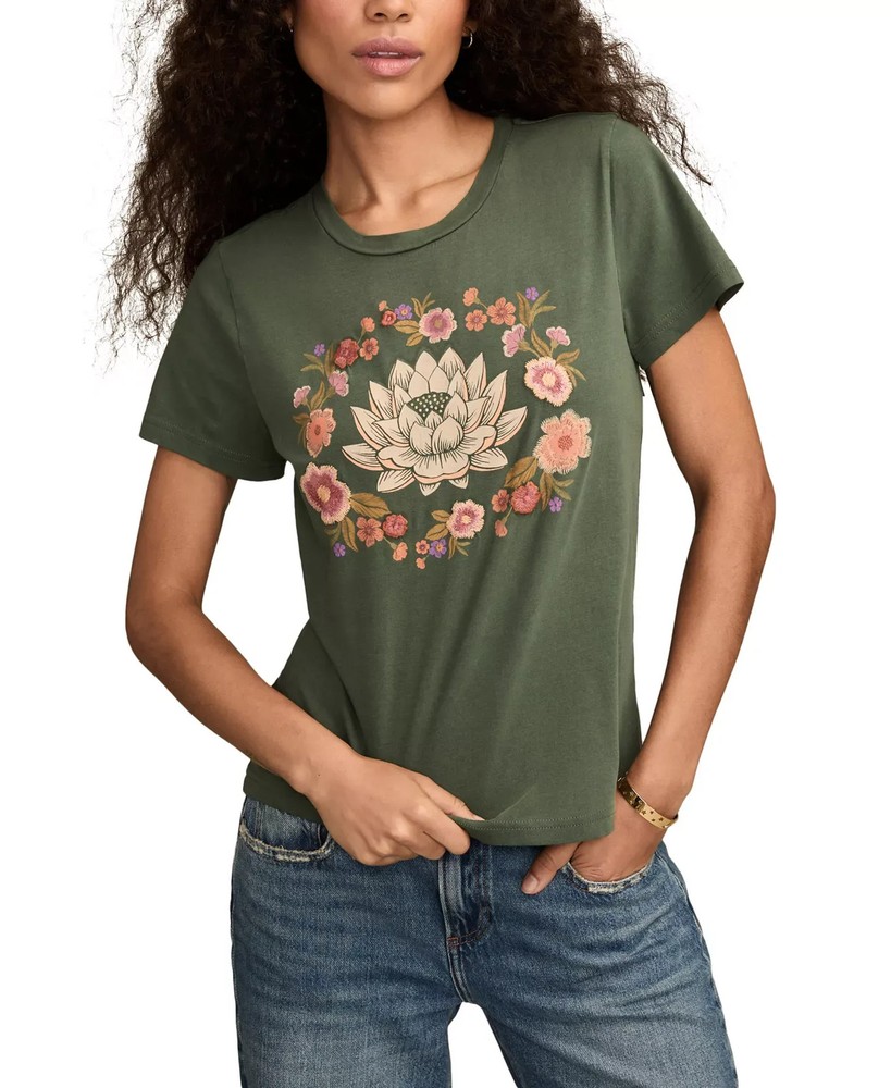 Lucky Brand Women's Top Sz L Embroidery Lotus Classic Cotton