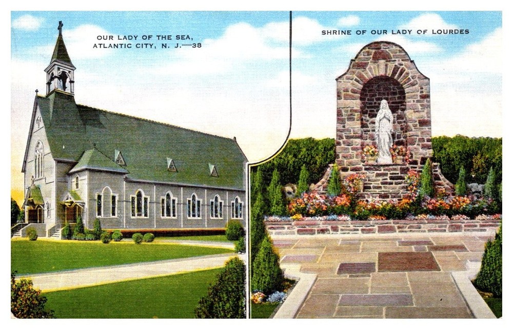 1940s Lady Sea Church & Lourdes Shrine Atlantic City New Jersey Vintage Postcard