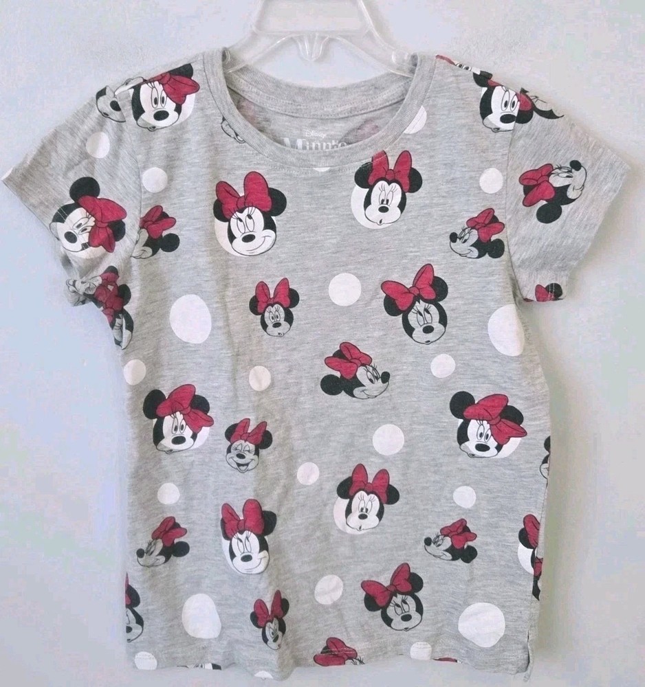 Disney Minnie Mouse Girls T Shirt Size Medium 7/8 Gray Polka Dot Short Sleeve...