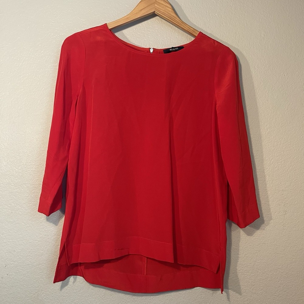MADEWELL Women’s Small Red 100% Silk 3/4 Sleeve Shirt Blouse Zip Back Minimalist