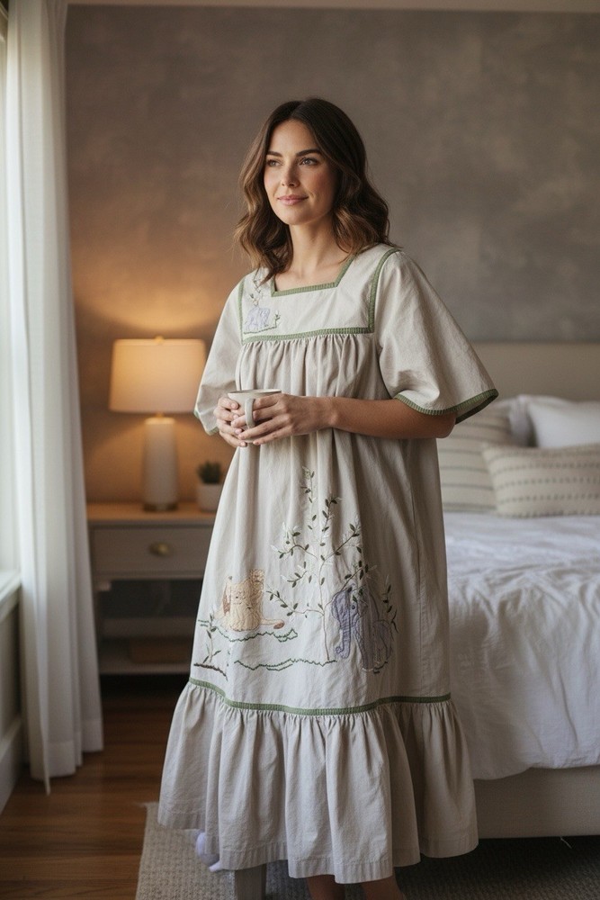 Bechamel Embroidered Safari Animal Dress Women's Size Small MUUMUU Beautiful!!!
