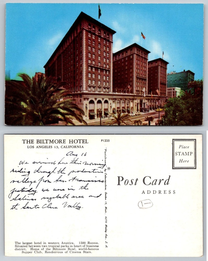 Vintage Biltmore Hotel Los Angeles CA Postcard Plastichrome 1940s-50s