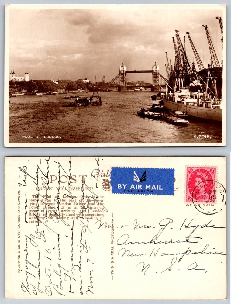 1948 London Pool of London Tower Bridge RPPC Vintage Air Mail Postcard