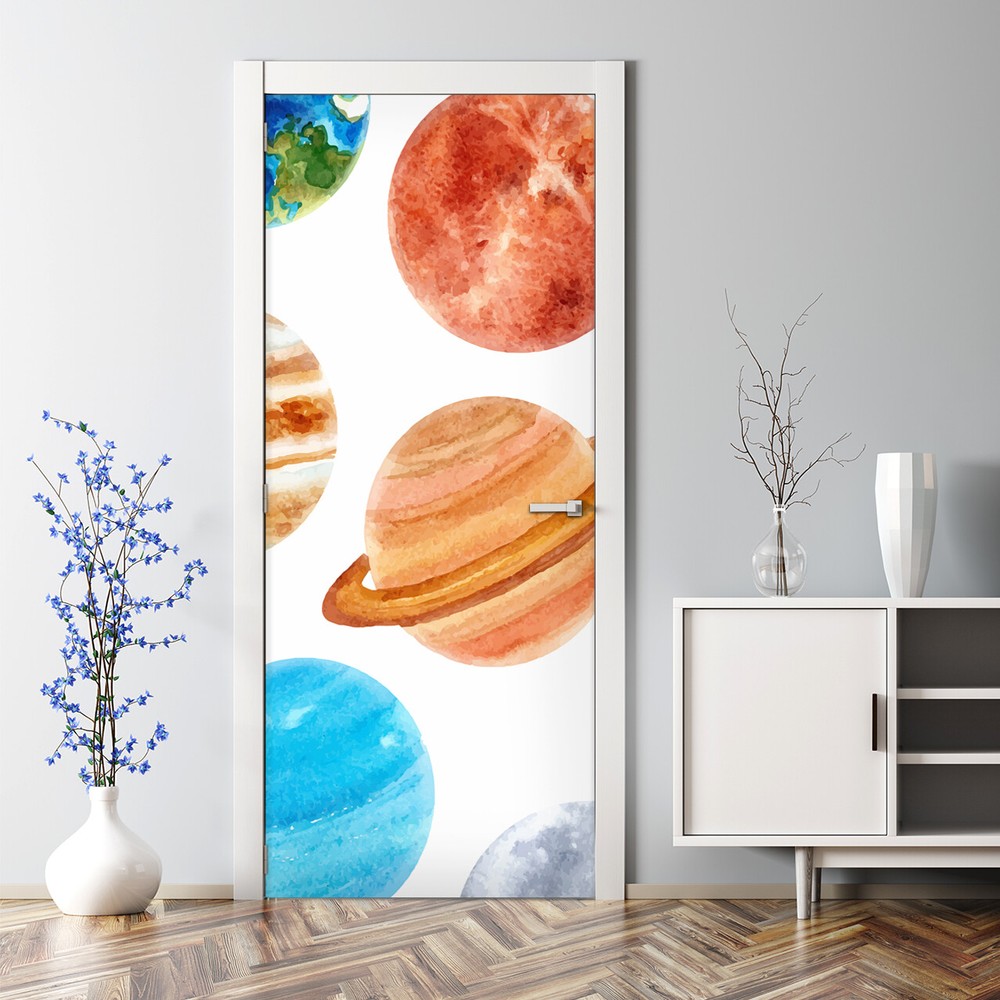 Colorful Watercolor Planets Bubble-Free Self-Adhesive Door Decal