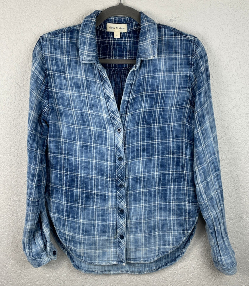 Cloth & Stone Shirt Womens Small Blue Cloud Mineral Wash Plaid Button Up Western