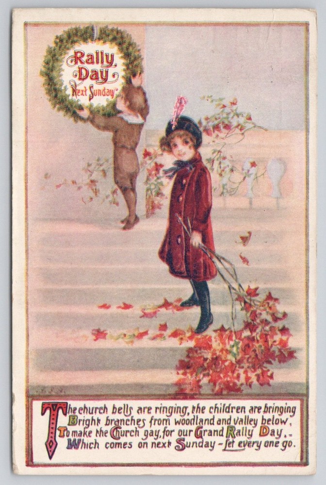 1916 Rally Day Church Children & Autumn Leaves Postcard Goodenough & Woglom
