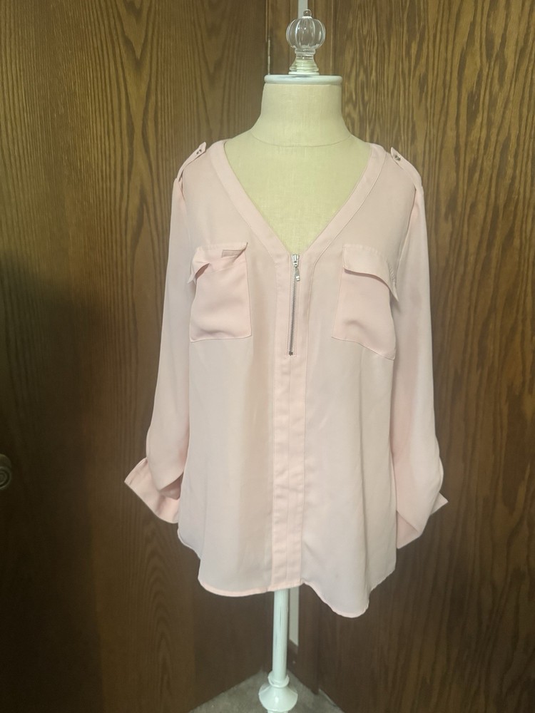 Candie’s Pink Solid Lace V-Neck Zip Front Long Sleeve Blouse L Women