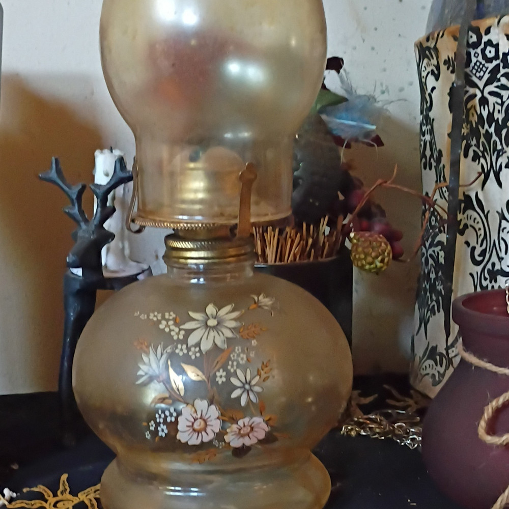 Vintage Floral Glass & Metal Oil Lamp, Clear Chimney, Brown/Clear