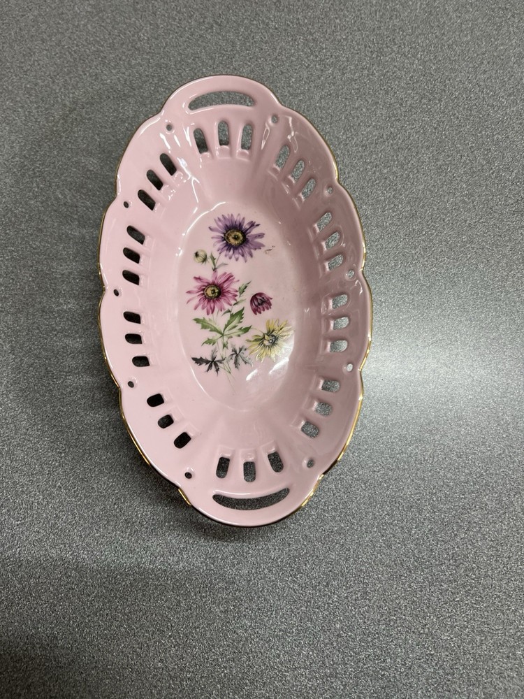 Vintage Scalloped Finger Trinket Ring Dish Hand Painted Pink Flowers