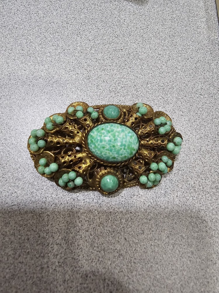Vintage Antique Brooch Pin Czech? Filigree And Green Stones