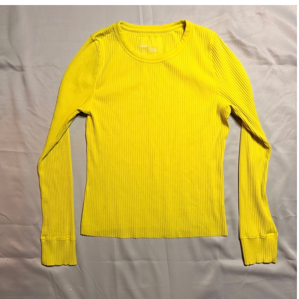 Aerie Womens Neon Yellow Ribbed Long Sleeve Crewneck T-Shirt Large