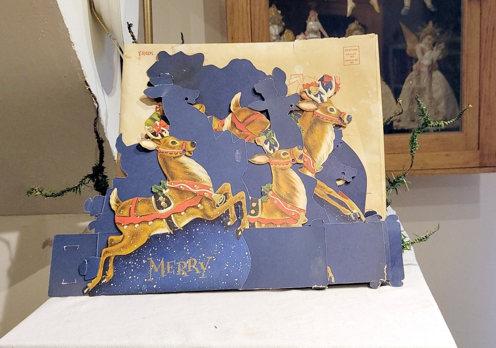 VINTAGE 1940's-1950's SANTA AND REINDEER DIE CUT COMPLETE SET. Hallmark, USA