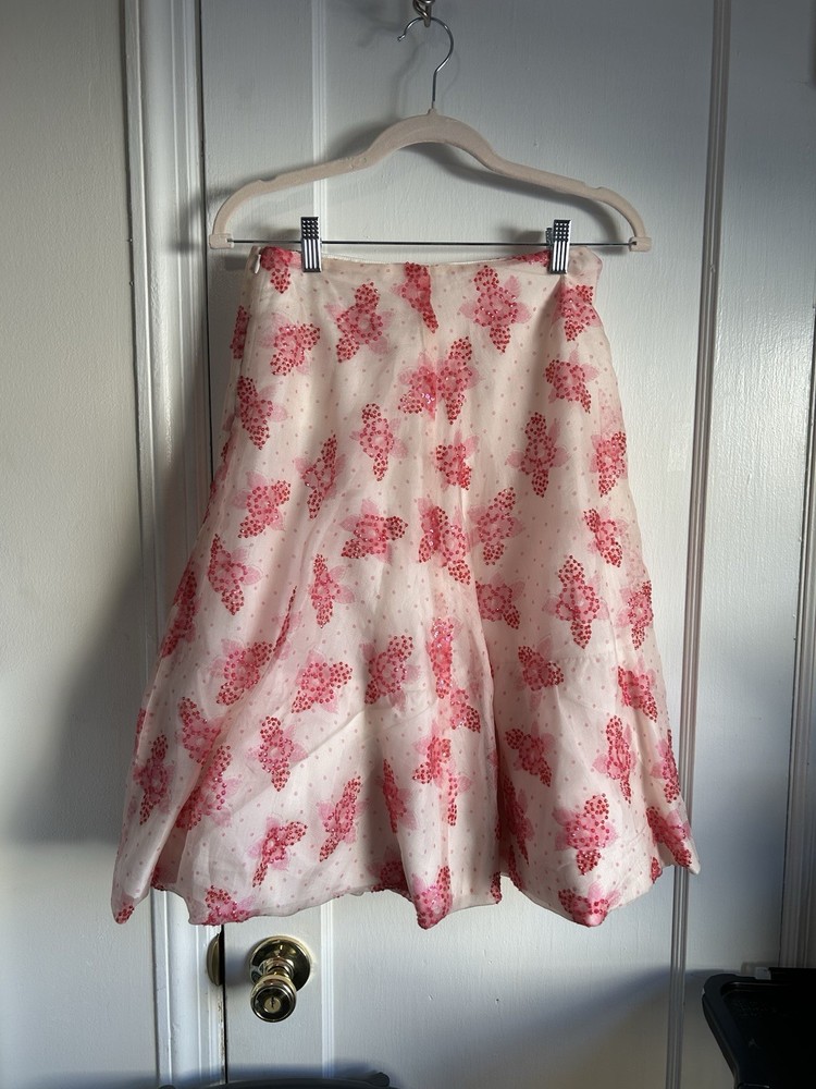 Agnes B Paris Pink And Cream Silk Knee Length Skirt. Gorgeous. NWT