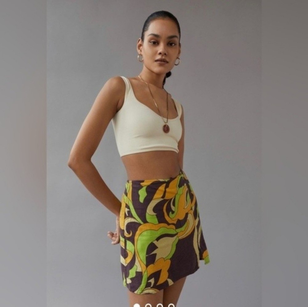 New Urban Outfitters Green Retro Psychedelic Linen Blend Mini Skirt Large