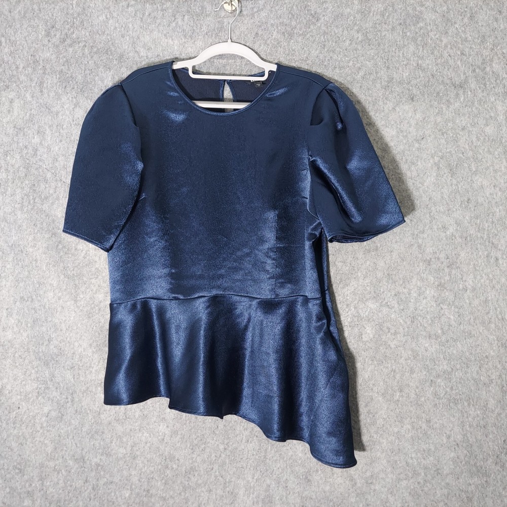 Asymmetric Navy Crepe Satin Blouse with Romantic Florence Ruffle in XL