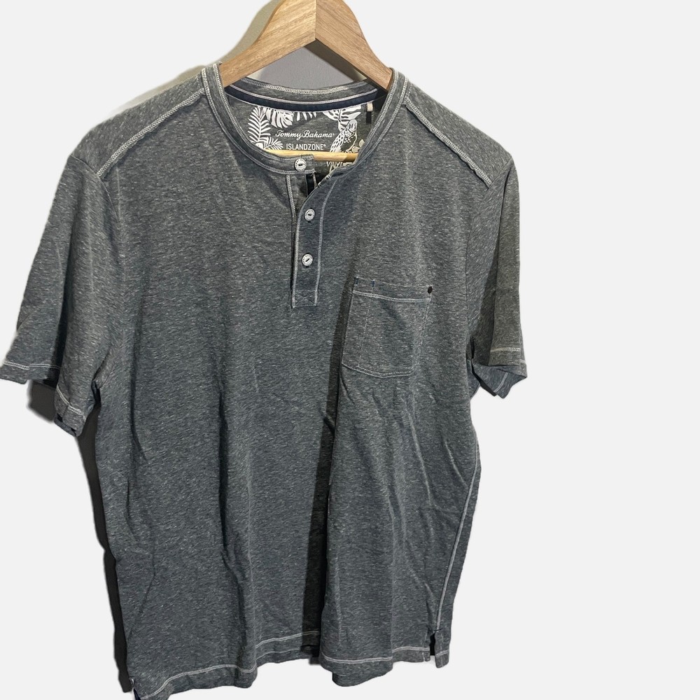 Tommy Bahama IslandZone Mens Gray Henley Short Sleeve Shirt Size Medium Pocket