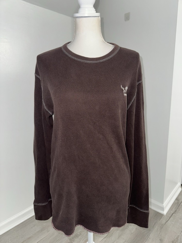 American Eagle Waffle Knit Long Sleeve Shirt Brown Vintage Fit Men’s Large AEO