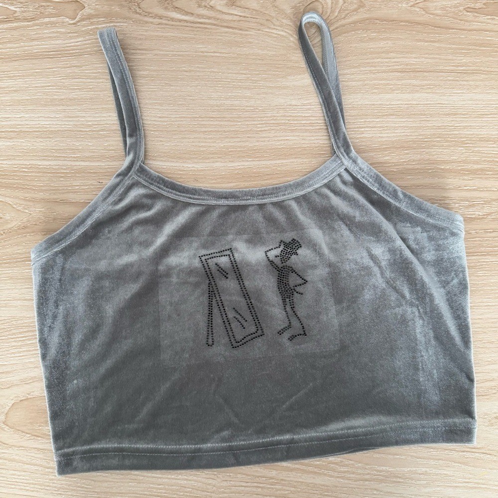 Fashion Brand Company Medium Large Logo Grey Cami Crop Top Velour