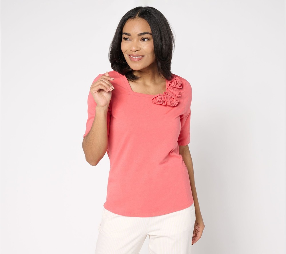 Gloria Vanderbilt Women's Top Sz S Rosette Detail Elbow Sleeve Pink A684463