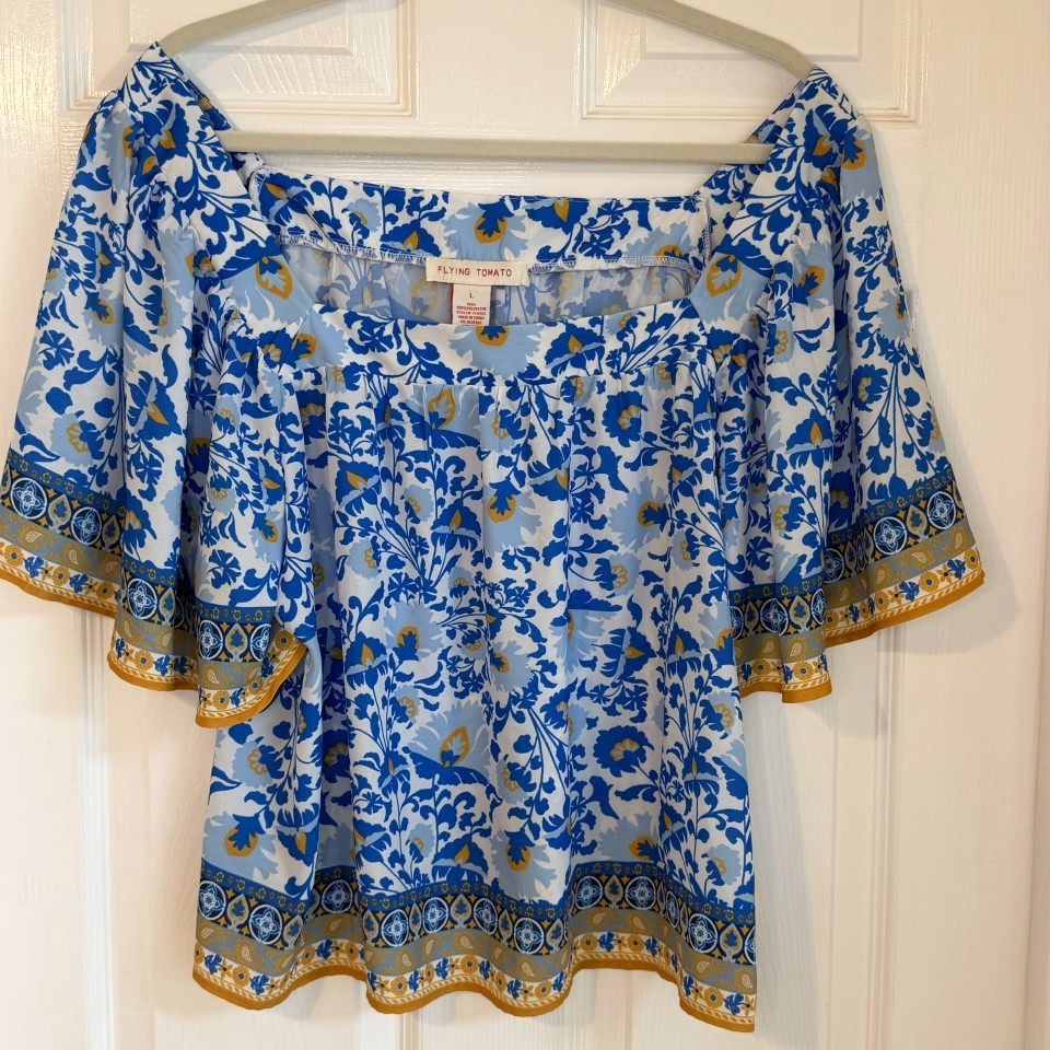 Flying Tomato Blue Floral Peasant Blouse Off Shoulder Boho Top Women’s Size L